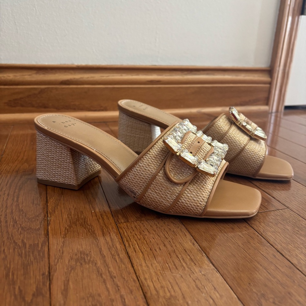 A New Day Tan Raffia Buckle Block Heels with Gemstones